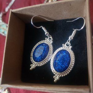 Silver Plated Navy Blue Glitter Stone Earrings